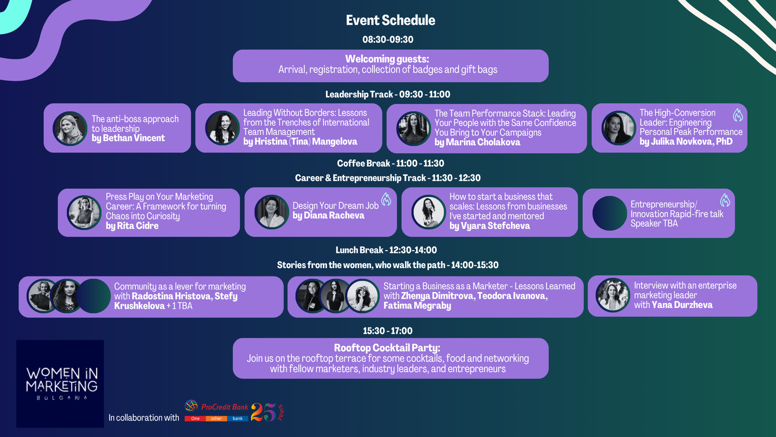 Mini-Conference #003 Event Schedule — Leadership Track at 09:30, Career & Entrepreneurship Track at 11:30, Stories From The Women Who Walk The Path at 14:00, Rooftop Cocktail Party at 15:30
