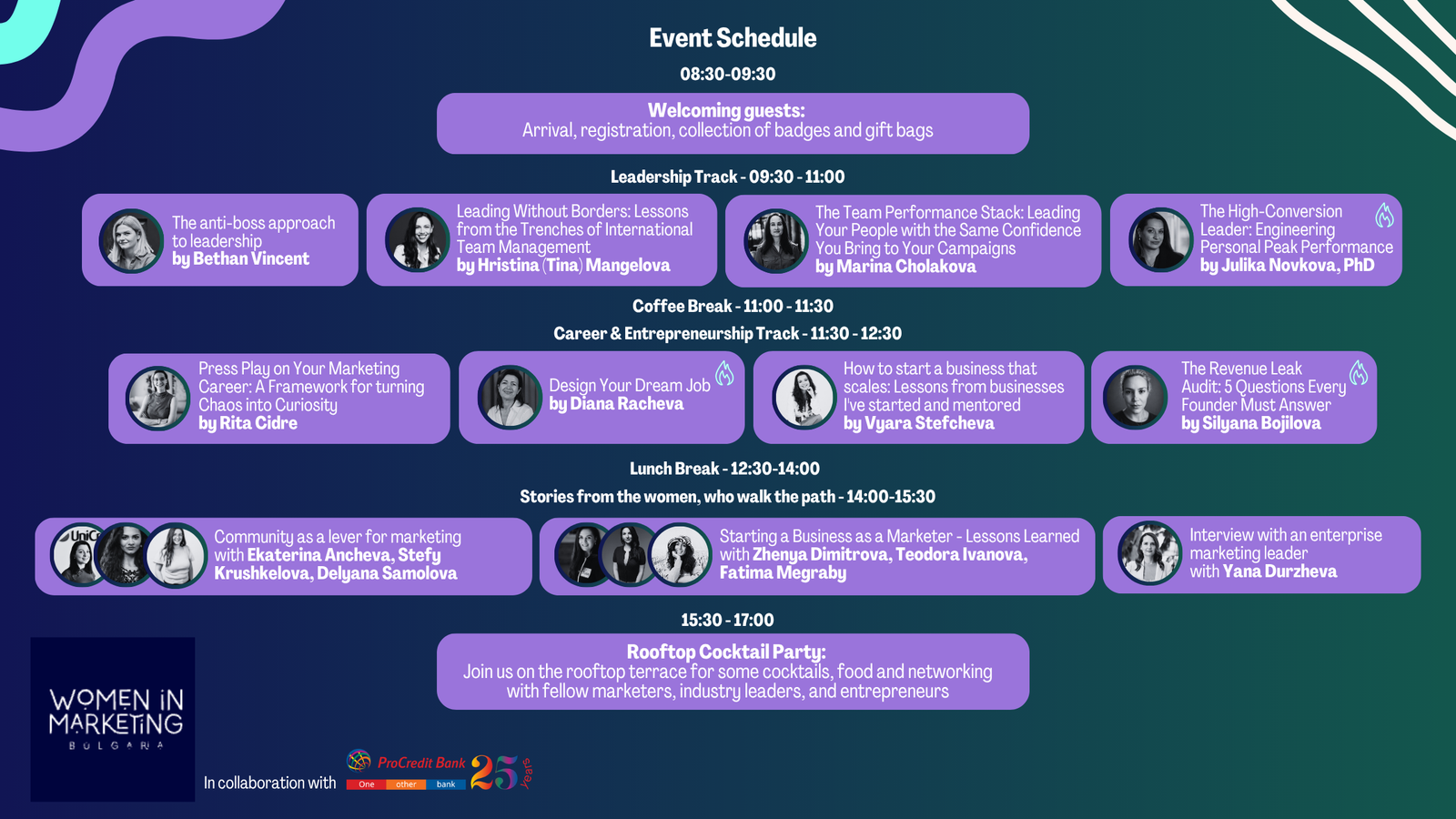 Mini-Conference #003 Event Schedule — Leadership Track at 09:30, Career & Entrepreneurship Track at 11:30, Stories From The Women Who Walk The Path at 14:00, Rooftop Cocktail Party at 15:30
